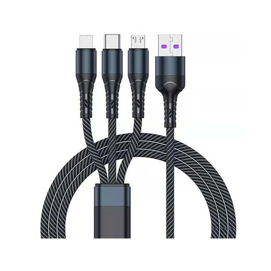 66W Woven Fast Charging Cable with Type C + Micro USB + Lighting Port