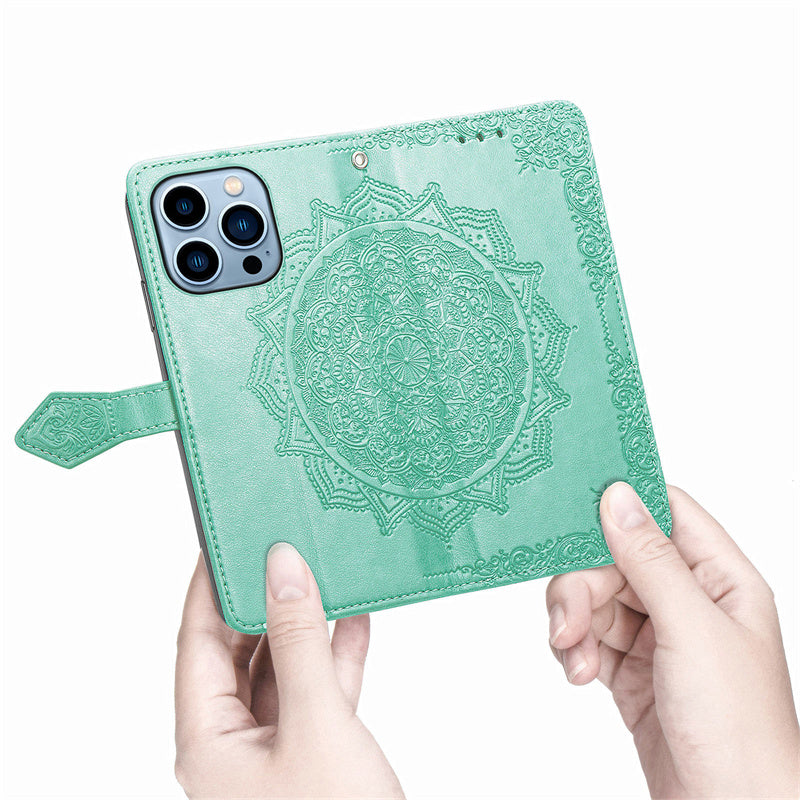 Embossed Mandala Folio Card Holder PU Leather Case